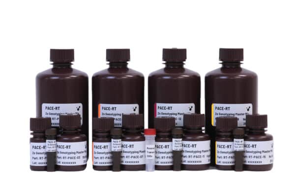 PACE OneStep RT-PCR Master Mix in 250mL, 25mL, 2.5mL, 1mL. Bottles of Standard, Low, High and No Rox formulation.