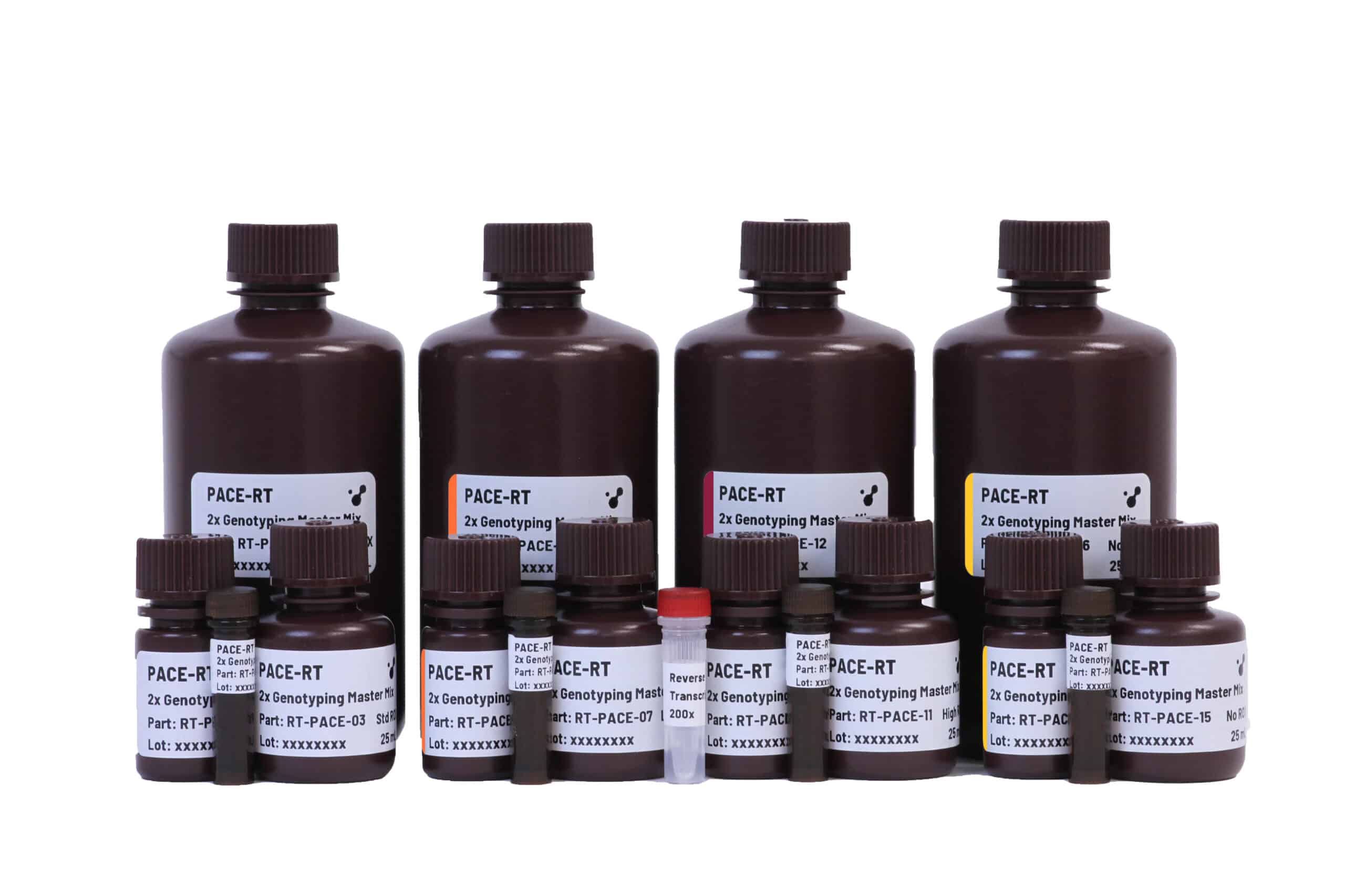 PACE OneStep RT-PCR Master Mix in 250mL, 25mL, 2.5mL, 1mL. Bottles of Standard, Low, High and No Rox formulation.